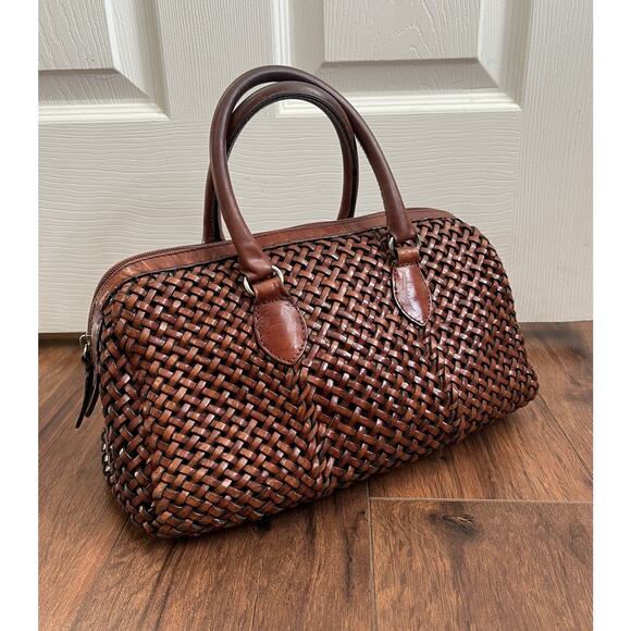 TALBOTS Vintage Brown Leather Woven Zip Top Handle Doctor's Bag Purse Satchel - Picture 2 of 15